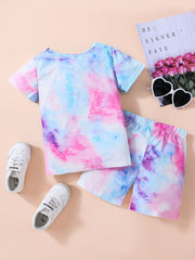 Girls Tie Dye T Shirt & Shorts Set, Short Sleeve Tee Top, Kids Summer Clothes