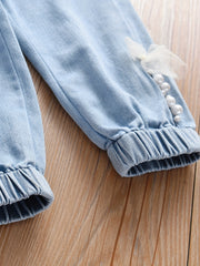 Girls' Bead & Lace Denim Jogger Pants Trousers