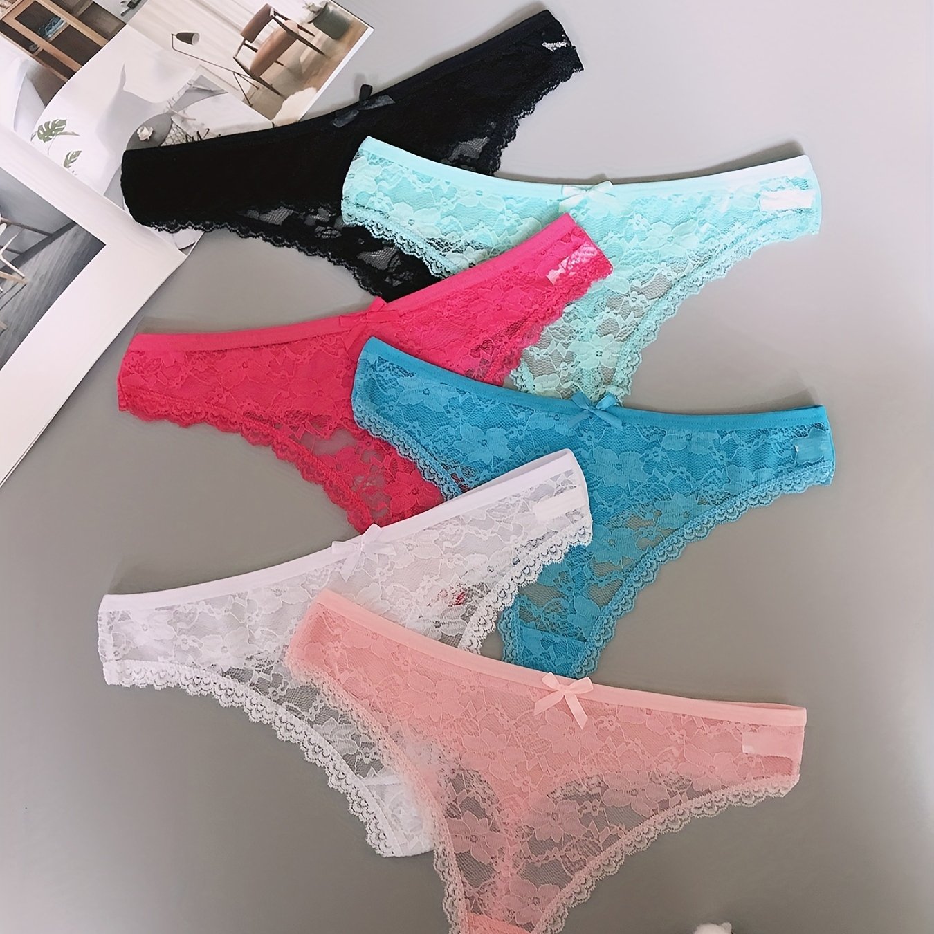 6pcs Floral Lace Mesh Thongs Stretch Panties Women's Lingerie