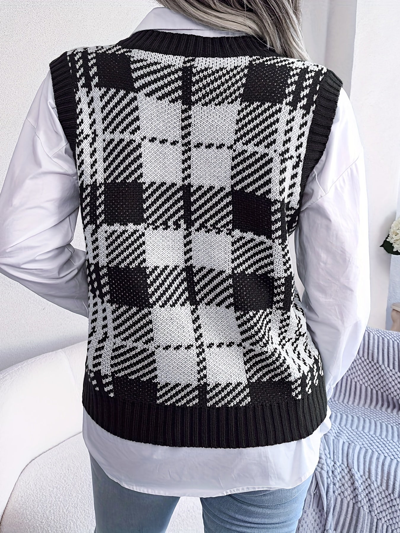 Plaid Sweater Vest Loose V Neck Fall Winter Women's Clothing