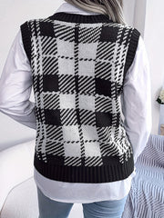 Plaid Sweater Vest Loose V Neck Fall Winter Women's Clothing