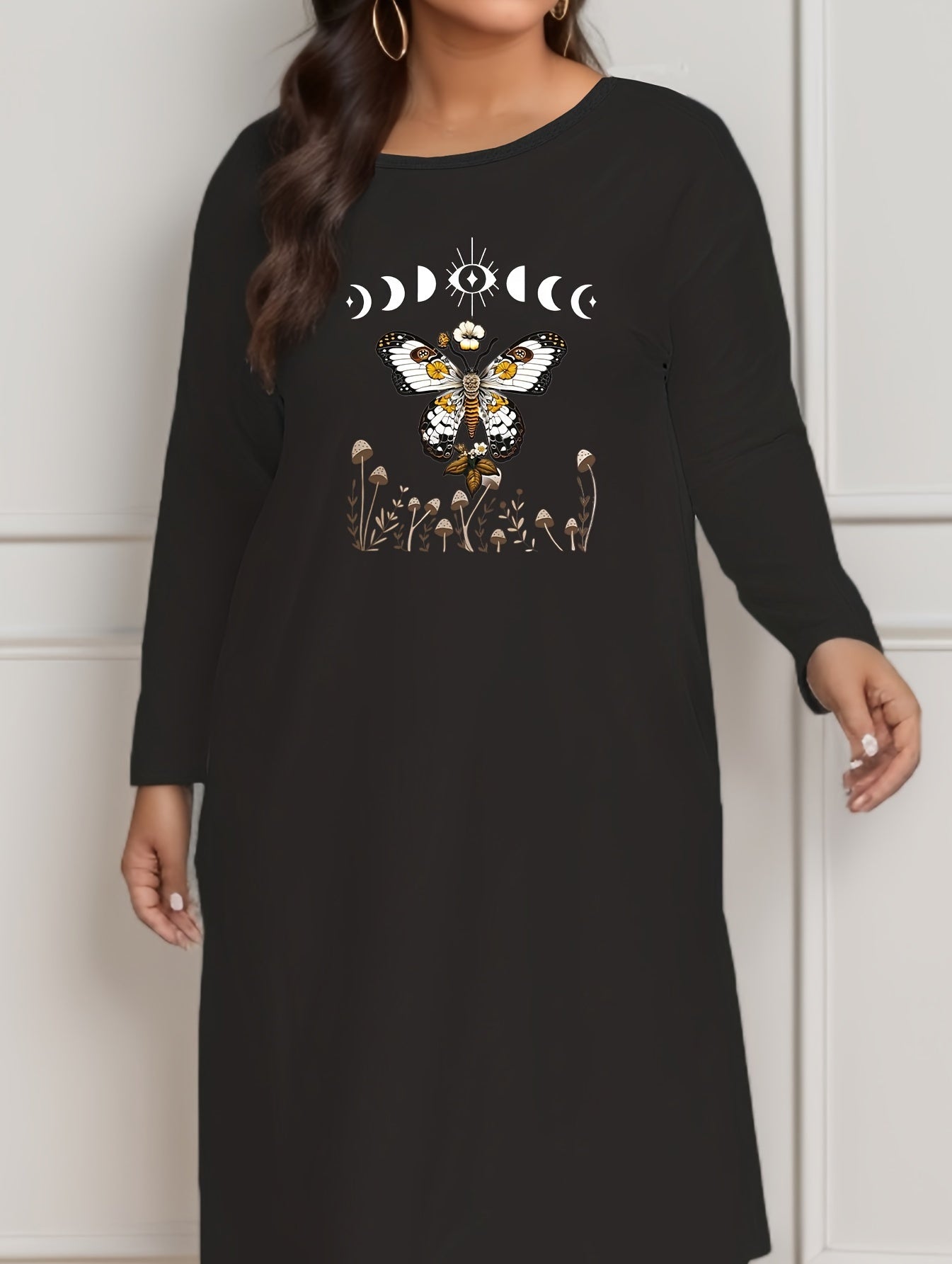 Butterfly & Moon Print Long Sleeve Tee Dress