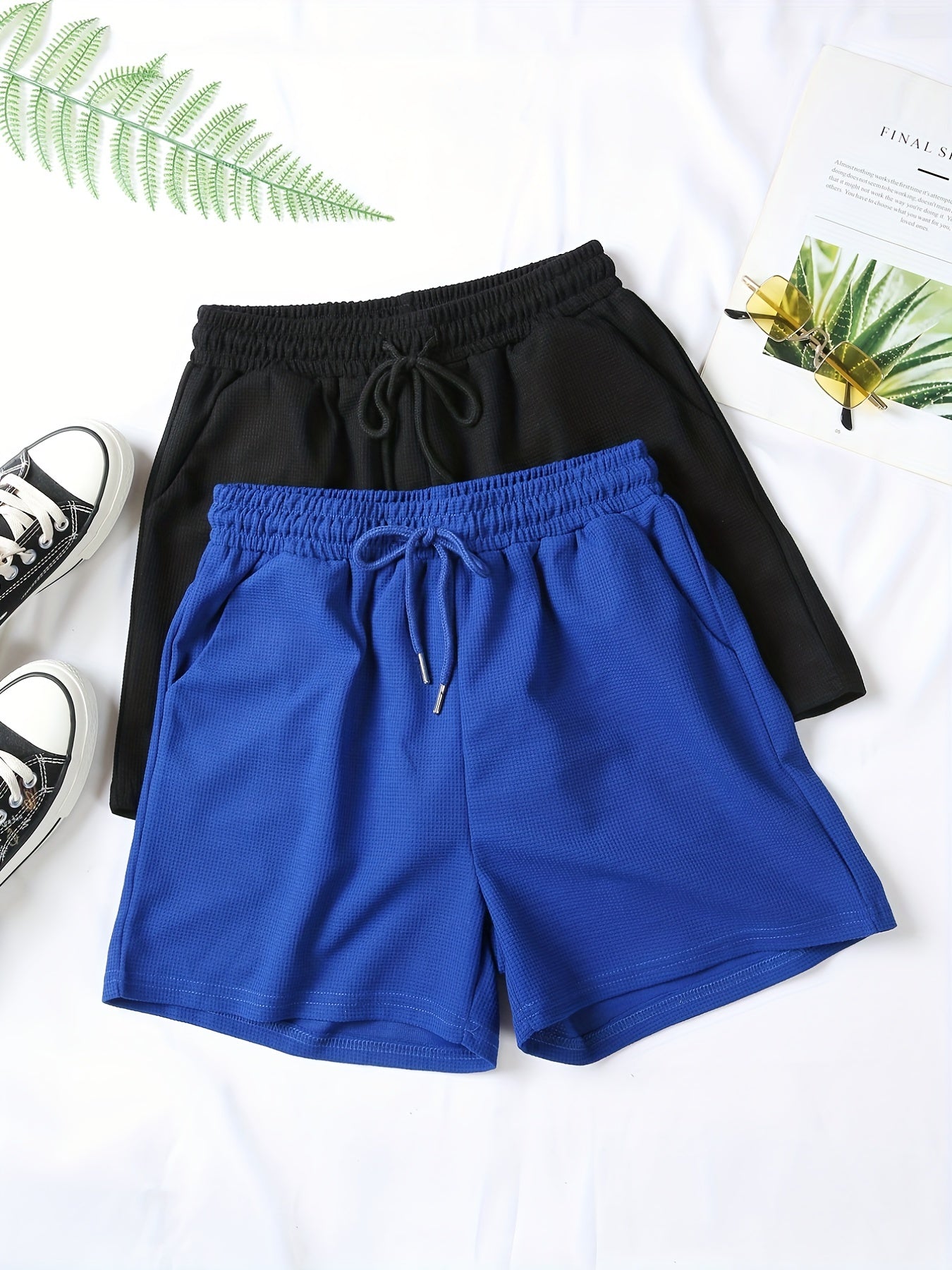 2 Pc Solid Sports Shorts With Pockets Set for Women