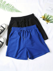 2 Pc Solid Sports Shorts With Pockets Set for Women
