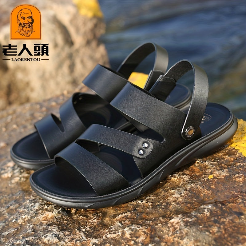 LAORENTOU Men's Leather Sandals Outdoor Anti-skid Slip On Beach Shoes
