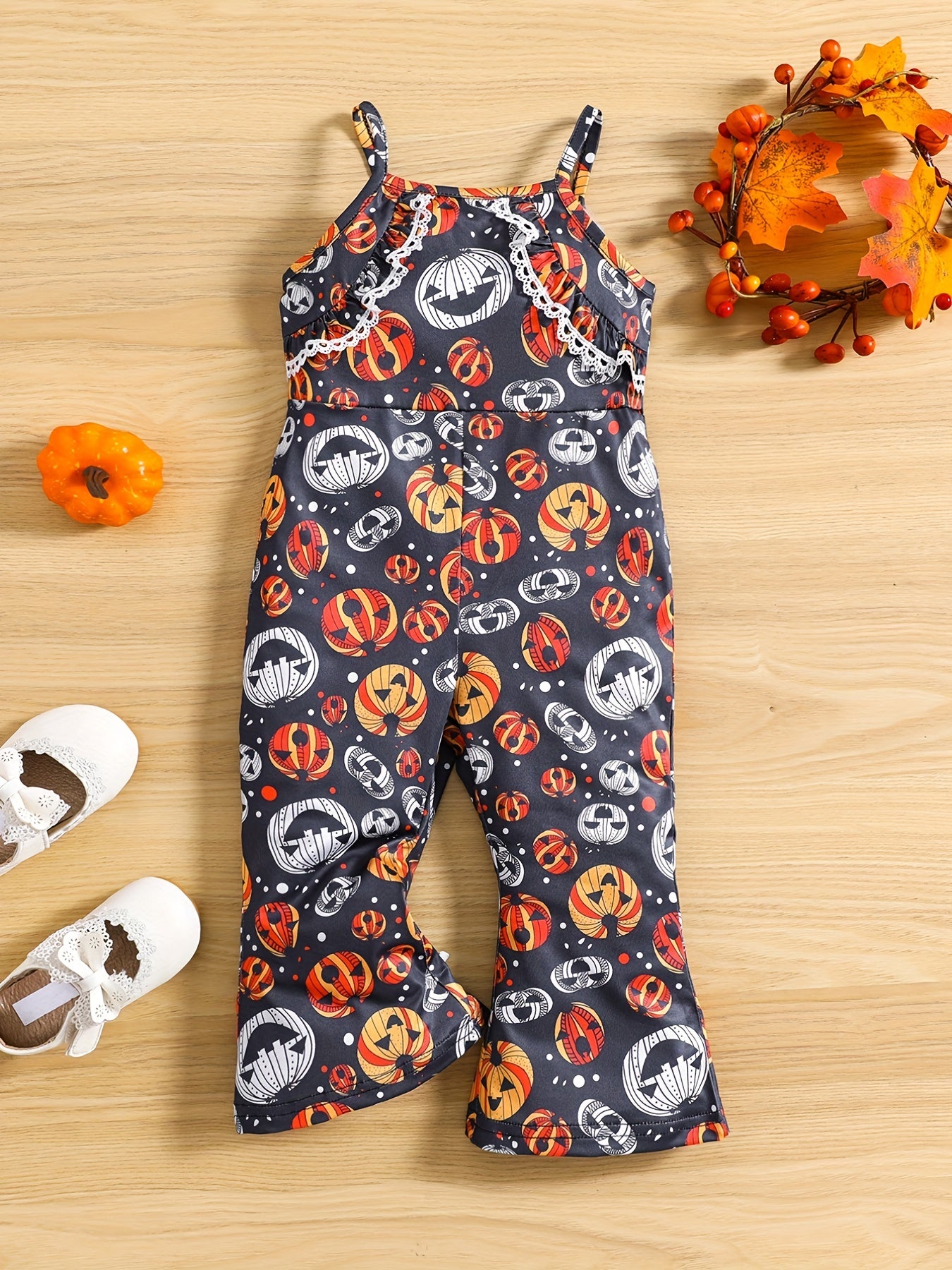Cute Pumpkin Print Suspender Pants for Baby Girl's Halloween Costume