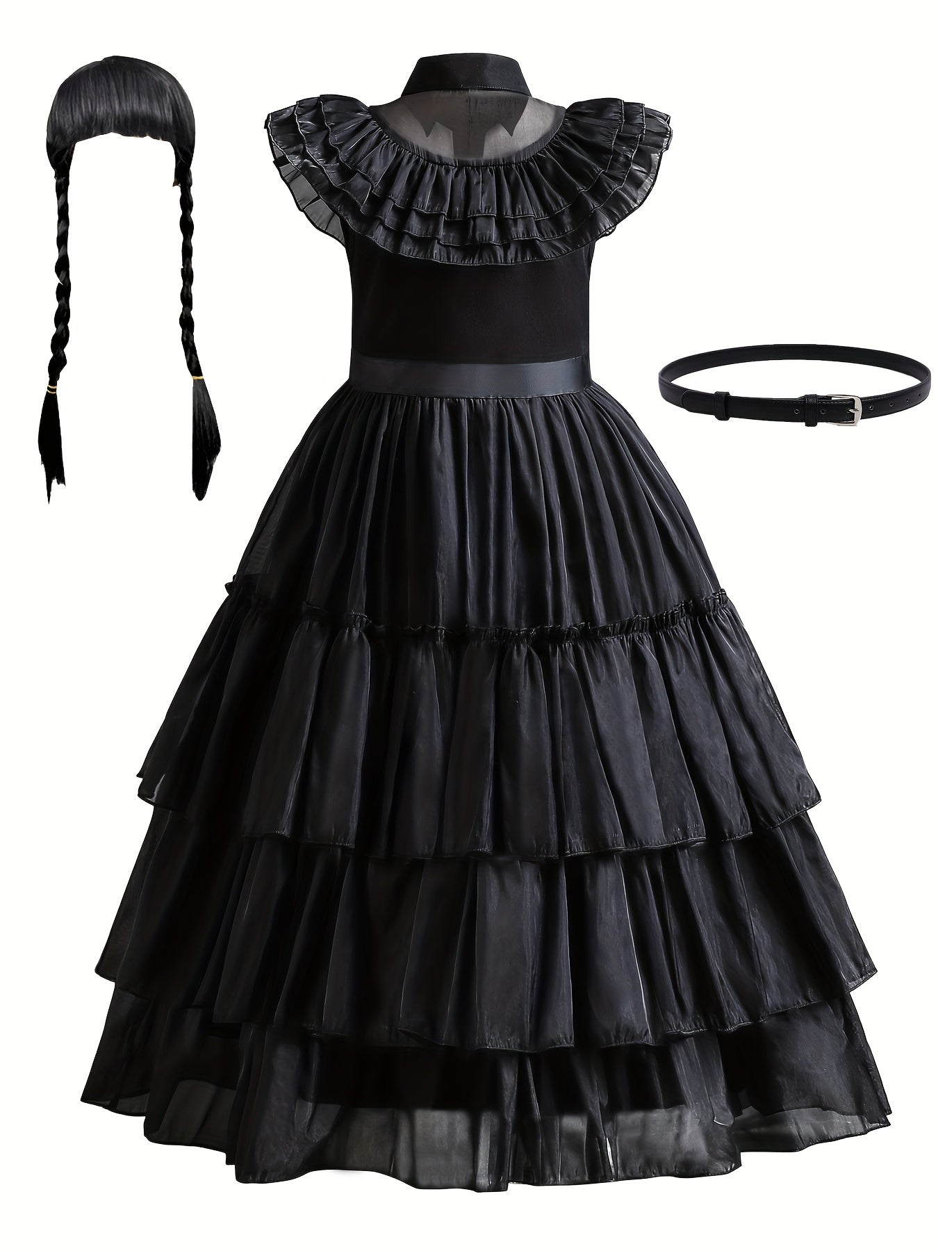Girls Princess Mesh Ruffled Dress & Wig Set