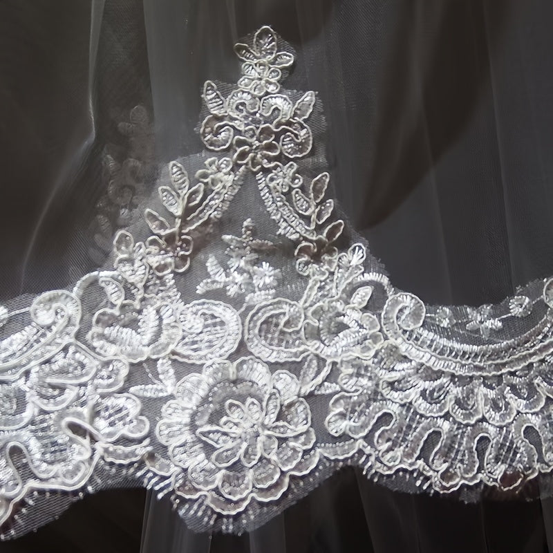 Royal Style Bridal Veil with Long Train and Floral Lace Overlay