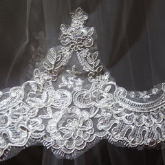 Royal Style Bridal Veil with Long Train and Floral Lace Overlay