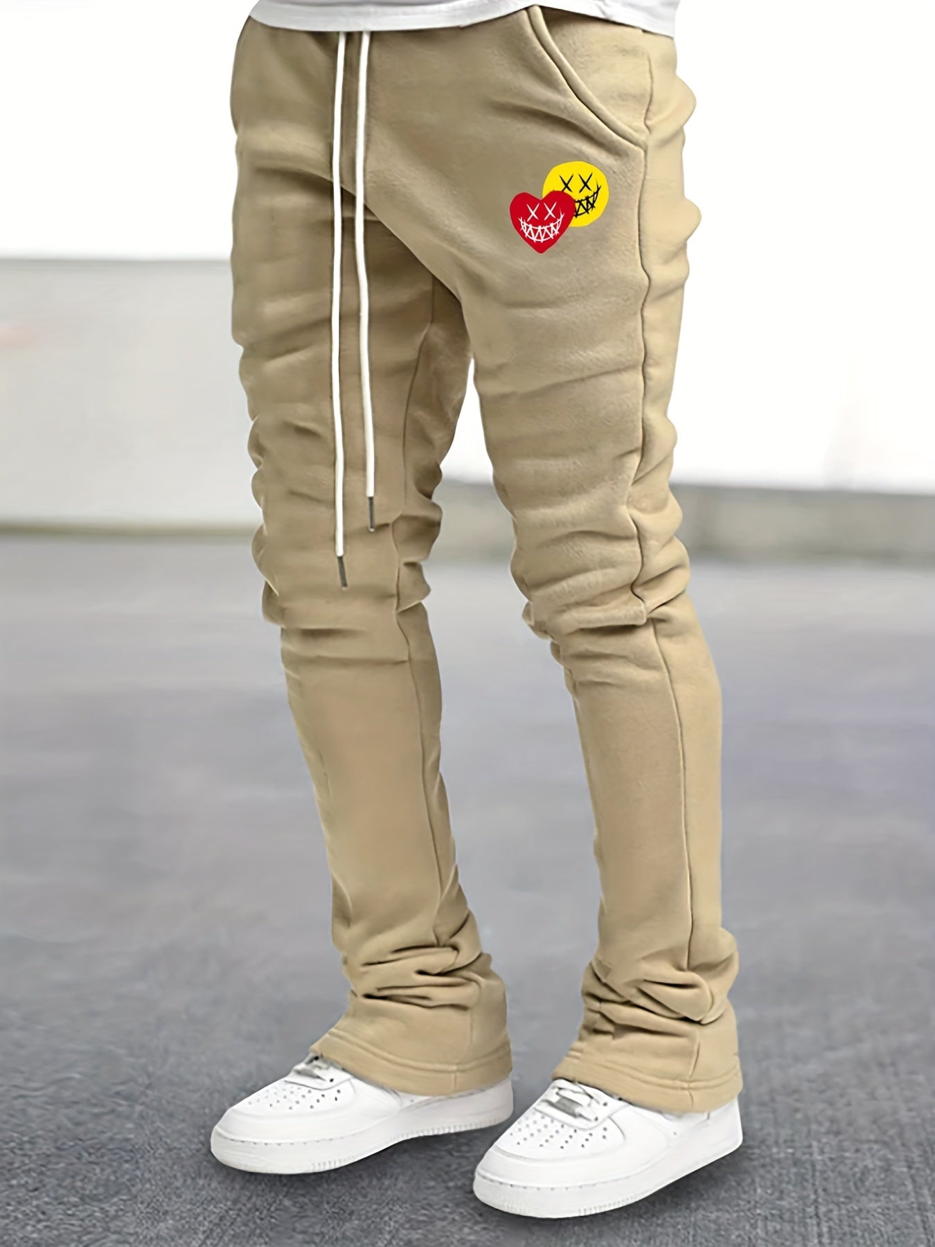 Men's Drawstring Bell Bottom Pants Smile & Heart Pattern