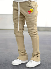 Men's Drawstring Bell Bottom Pants Smile & Heart Pattern