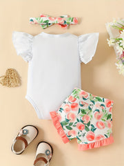 3pcs Baby Girls Cow Peach Print Ruffle Sleeve Shorts Headband Set Clothes