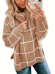Grid Print Turtleneck Sweater Women's Long Sleeve Jumper