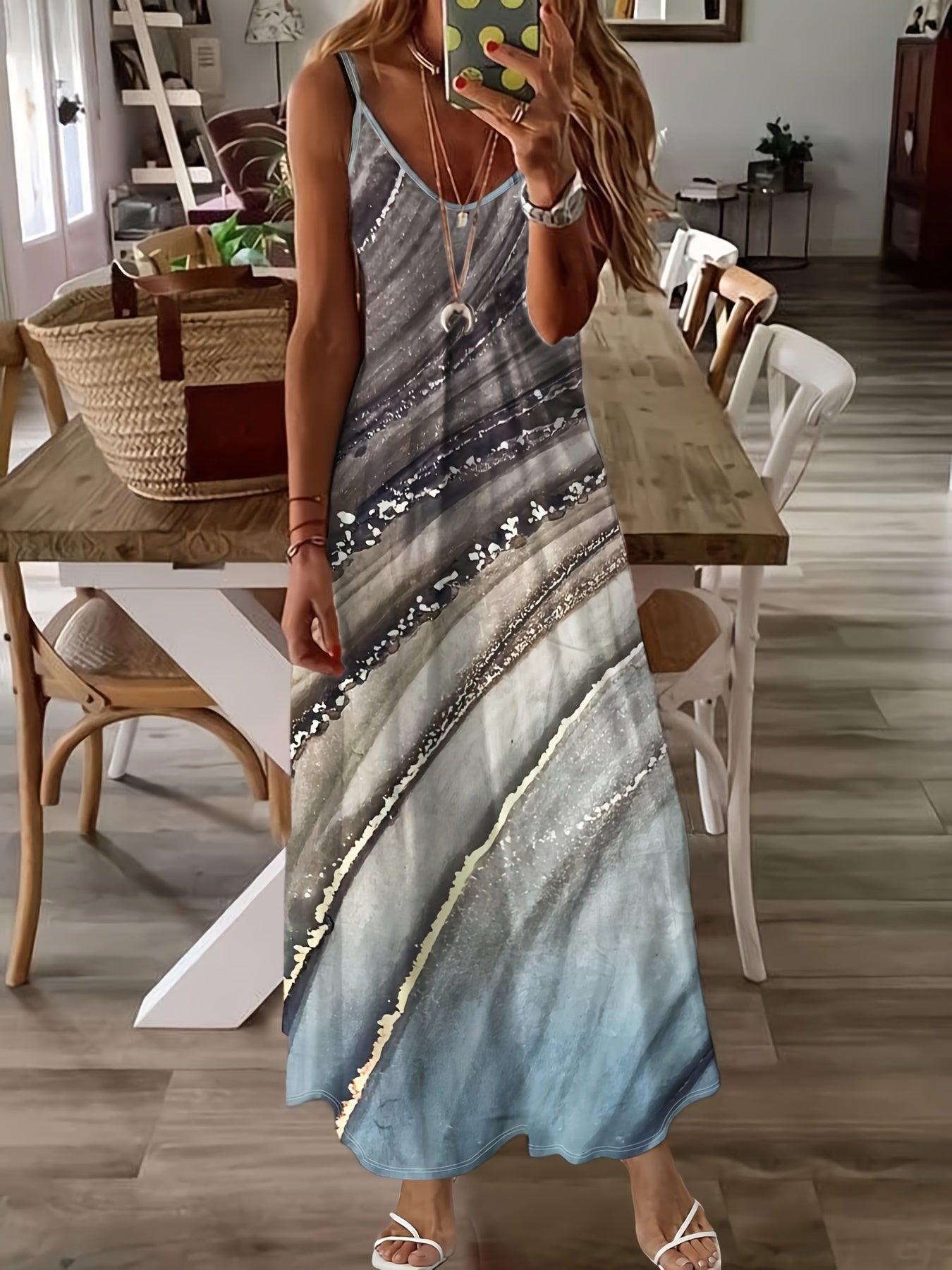 Marble Print Maxi Dress Spaghetti Strap Sleeveless Casual Dress