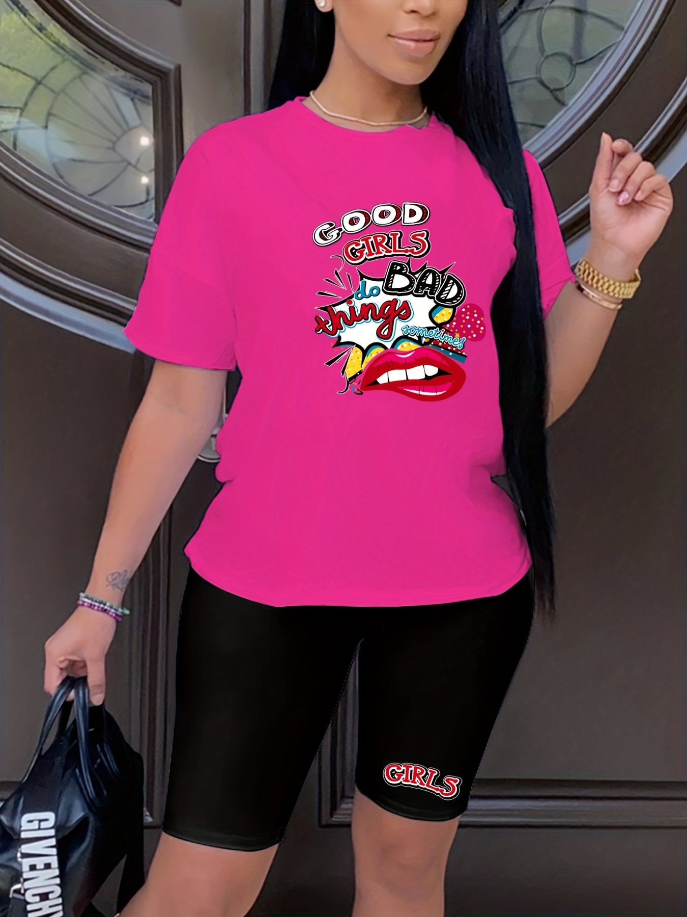Graphic Print Two Piece Set Casual T shirt & Shorts Outfit