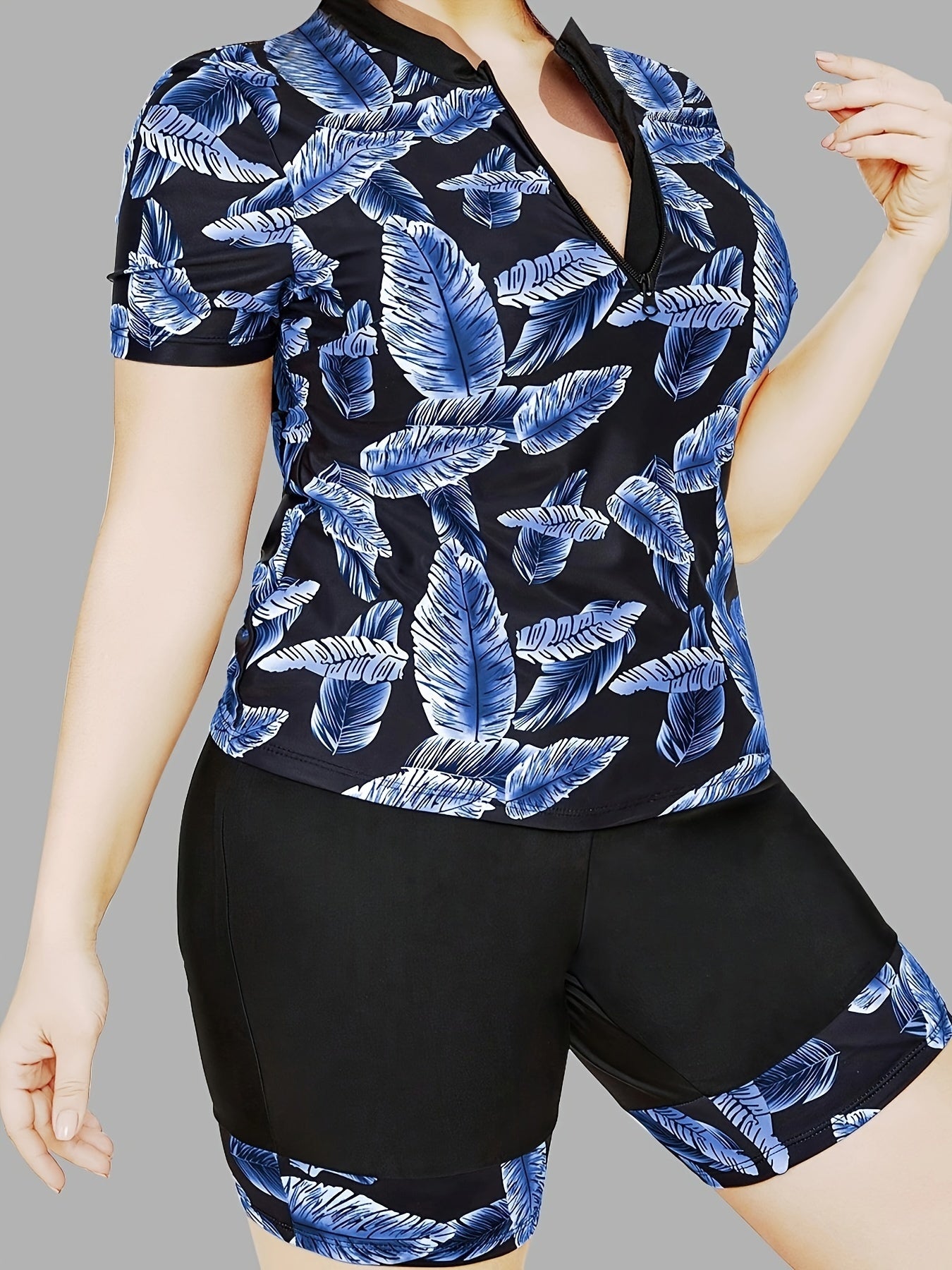 Leaf Print Zip Up Tankini Set