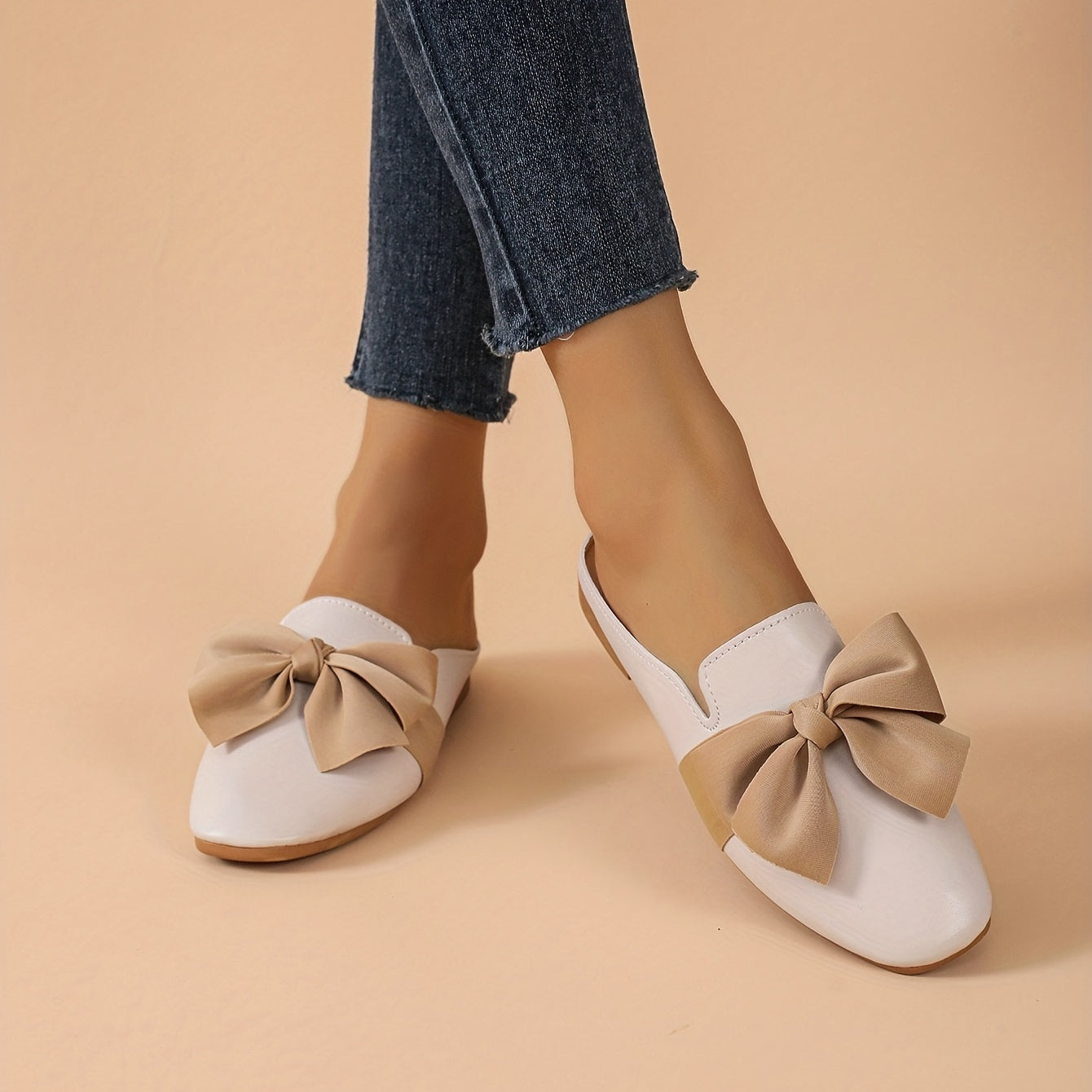Bowknot Flat Mules Square Toe Slip On Backless Loafers