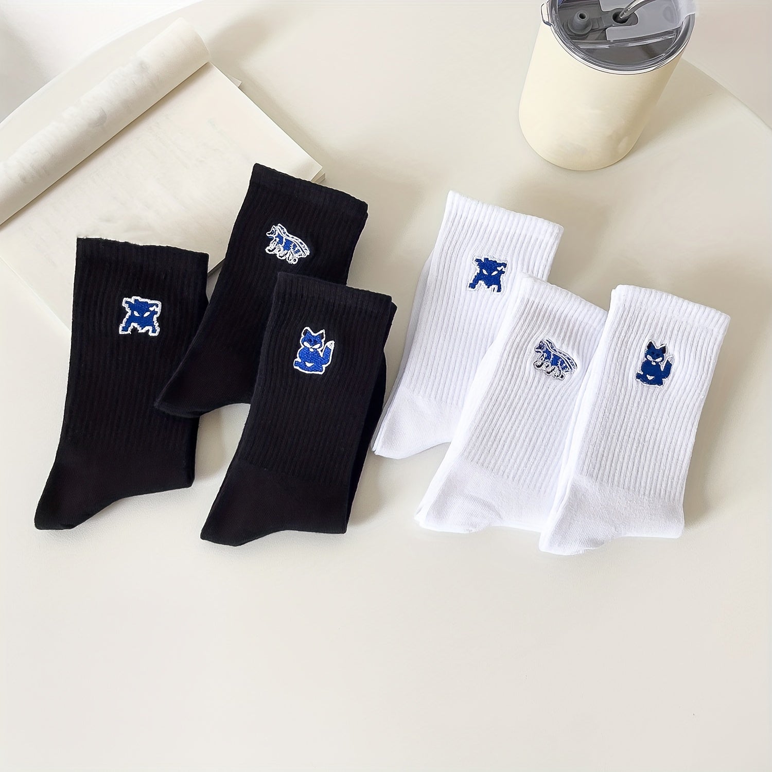 6 Pairs Fox Embroidery Socks - Comfy & Breathable Mid Tube Women's Stockings