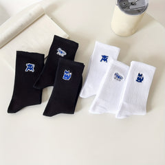 6 Pairs Fox Embroidery Socks - Comfy & Breathable Mid Tube Women's Stockings