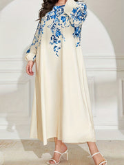 Floral Print Lantern Sleeve Maxi Abaya Dress