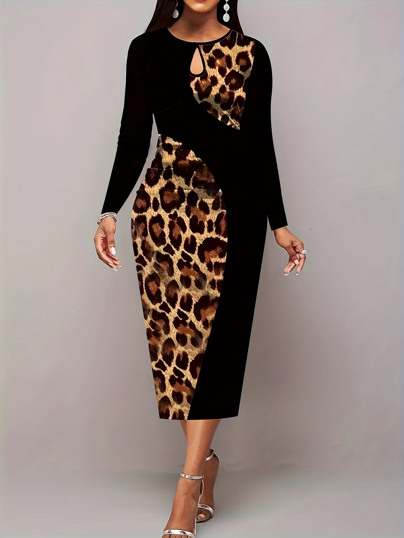 Colorblock Leopard Print Cut Out Long Sleeve Midi Dress