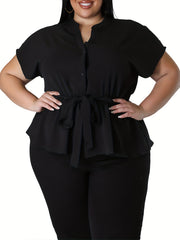 Casual Blouse Women's Plus Plain Button Short Sleeve