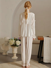 Lace Trim Pajama Set Long Sleeve V Neck Top Comfy Pants Women's Sleepwear