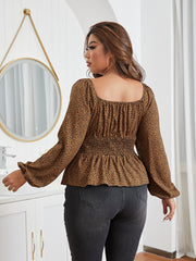 Women's Plus Size Leopard Print Lantern Sleeve Peplum Blouse