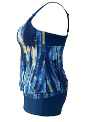 Tie Dye Striped Tankini Set Round Neck Cami Top