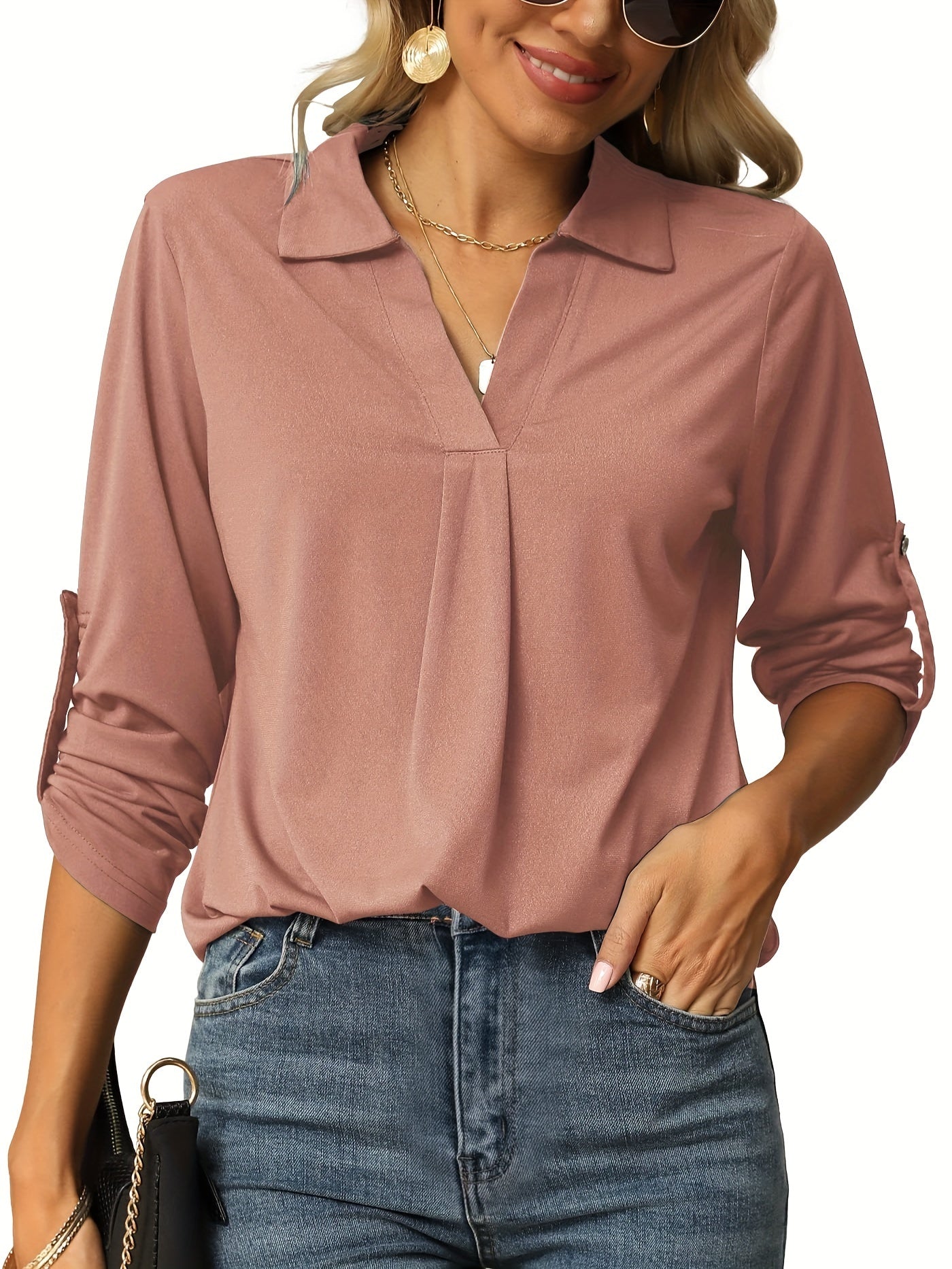 Solid Lantern Sleeve V Neck Blouse