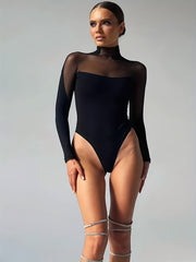 Mesh Mock Neck Slim Bodysuit Long Sleeve Y2K Style