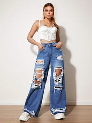 Distressed Straight Leg Jeans High Rise Wide Legs