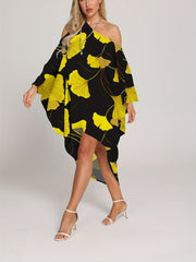 Leaf Print Cover Up Dress Loose Fit One Shoulder Long Sleeves Rash Guard Kaftan