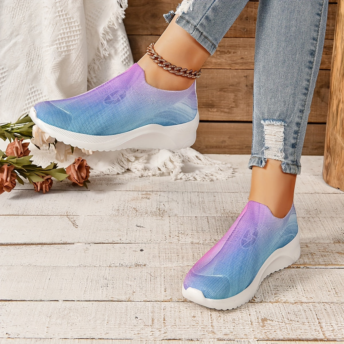 Women's Ombre Knit Slip on Sneakers Anti slip Comfort Running Shoes