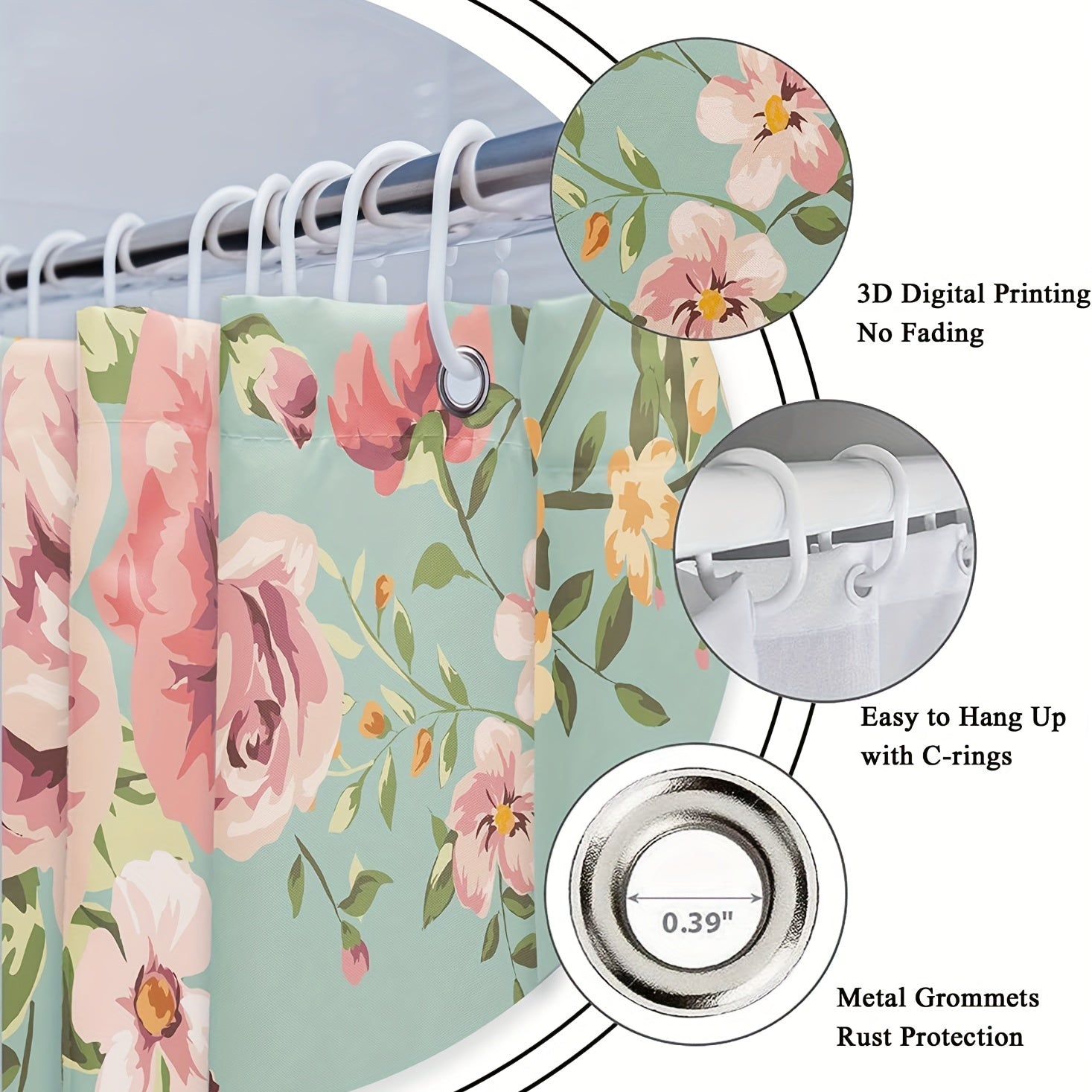 Vintage Green Floral Shower Curtain 71x71 Inches Waterproof with 12 Hooks