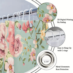 Vintage Green Floral Shower Curtain 71x71 Inches Waterproof with 12 Hooks