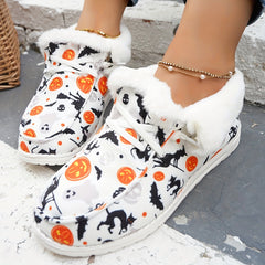Women's Pumpkin Print Snow Boots Halloween Plush Lined Warm Canvas Loafers