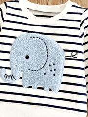 2pcs Baby Boy Elephant Embroidery Plaid Sweatshirt & Elastic Denim Pants Set