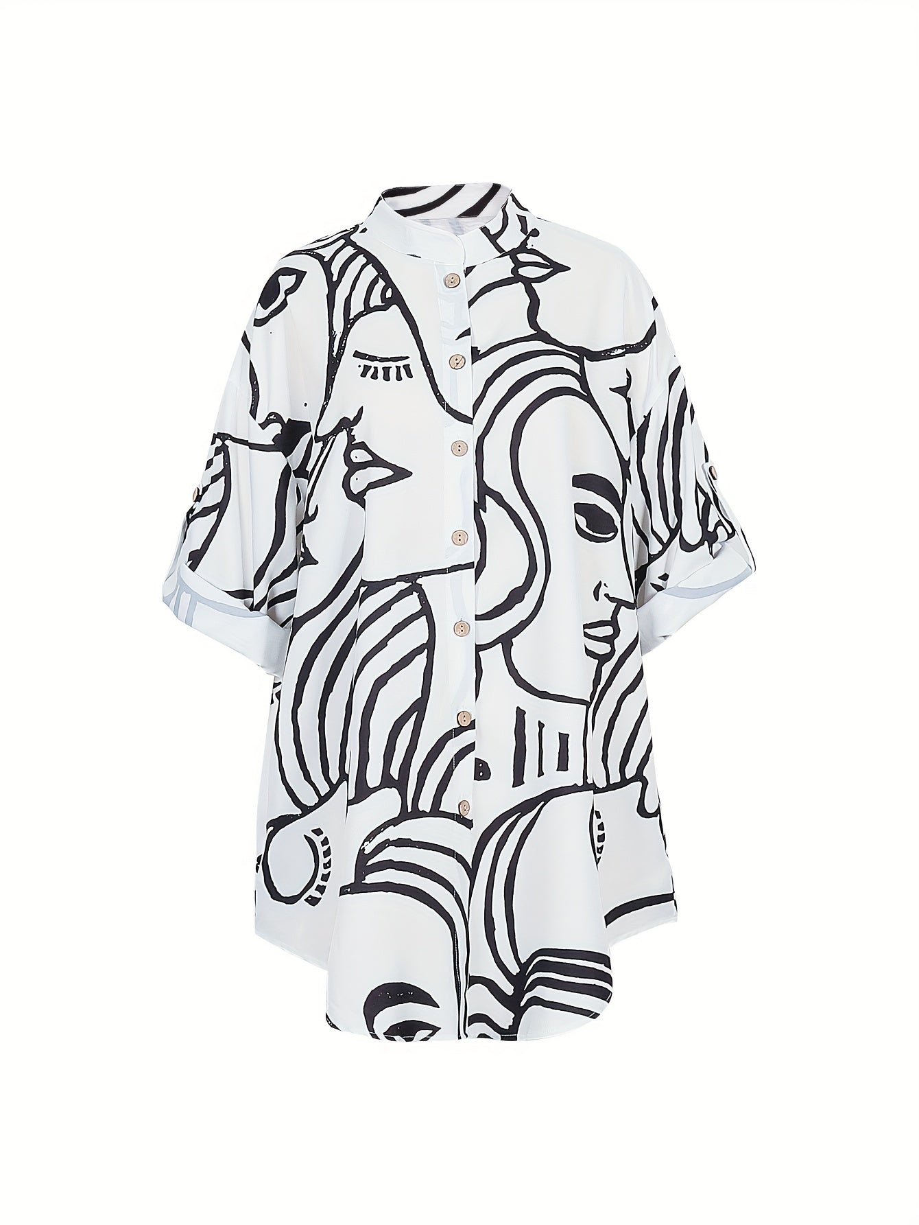 Abstract Figure Print Button Up Blouse