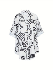 Abstract Figure Print Button Up Blouse