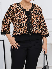 Leopard Print Lace Trim V Neck Blouse
