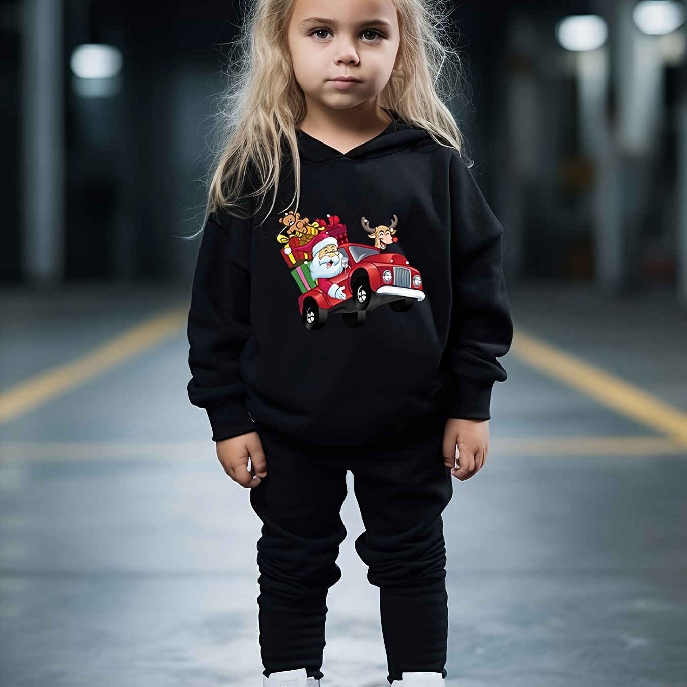 Santa & Reindeer Car Print Girls Hoodie Jogger Pants Set