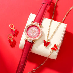 Red Rhinestone Quartz Watch & Red Butterfly Jewelry Set