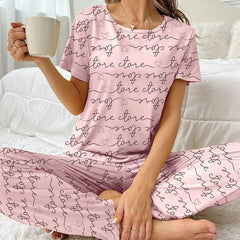 Casual Letter Print Pajama Set Short Sleeve Top & Elastic Waistband Pants