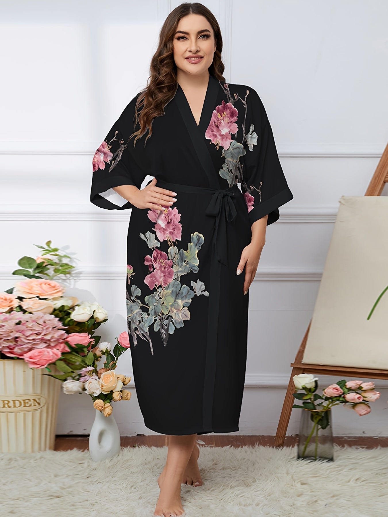 Floral Print Plus Size Long Sleeve Nightgown