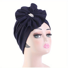Rhinestone Bow Decor Turban Cap Solid Pleated Hijab Head Wrap