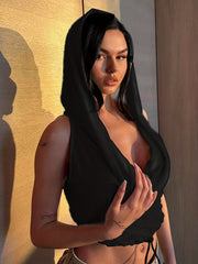 Sleeveless Crop Top Hoodie Solid Casual Top