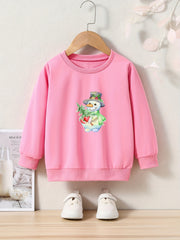 Christmas Snowman Print Girls Pullover Sweatshirt Long Sleeve Crew Neck Tops
