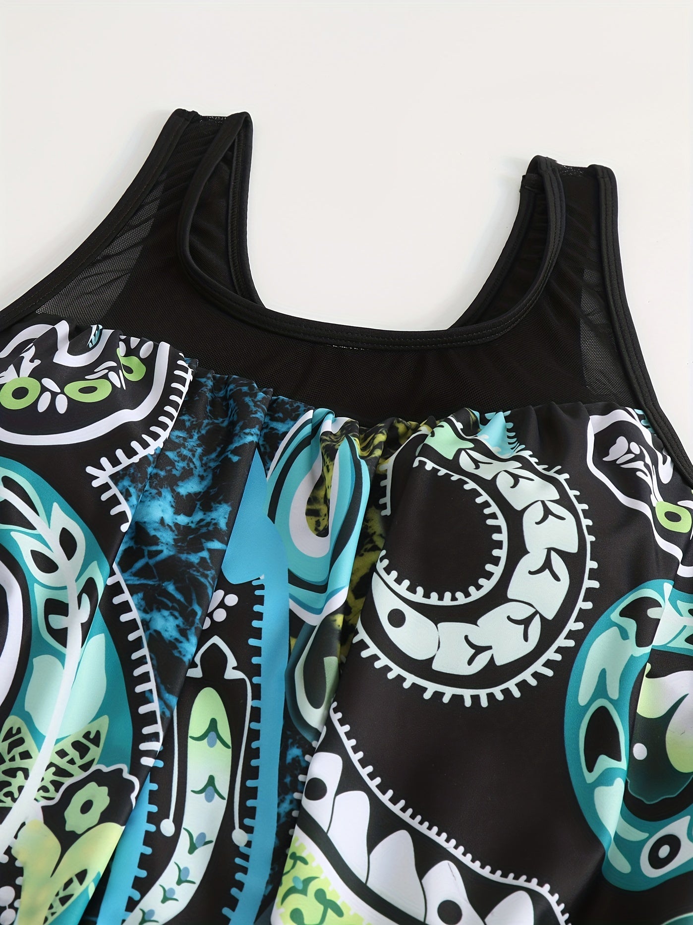 Paisley Print Mesh Tank Top & Shorts Swimsuit Set
