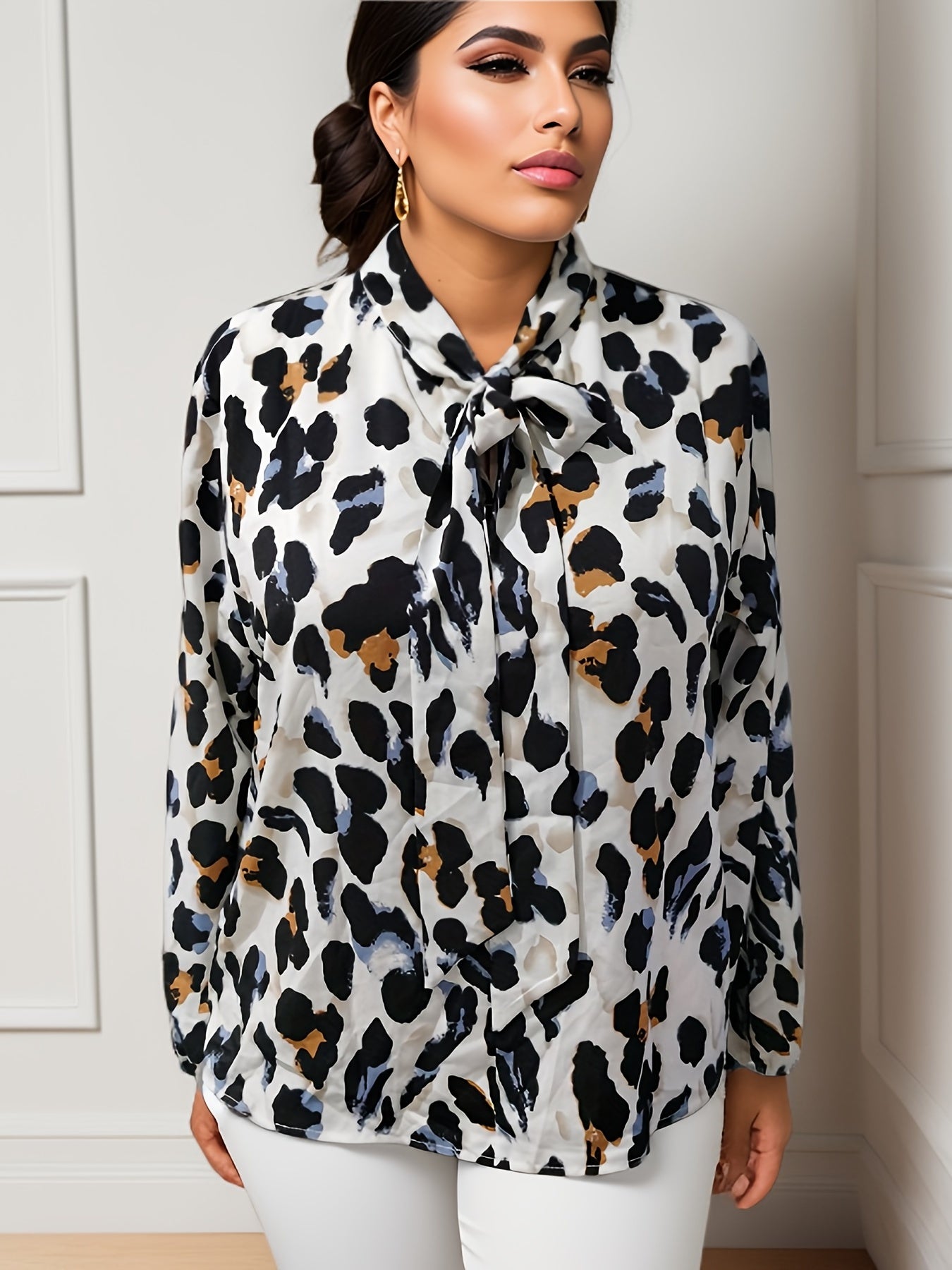 Leopard Print Bow Knot Long Sleeve Blouse